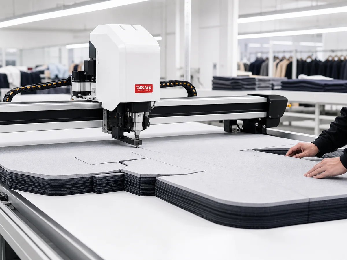 Cutting machine operating on layered fabric